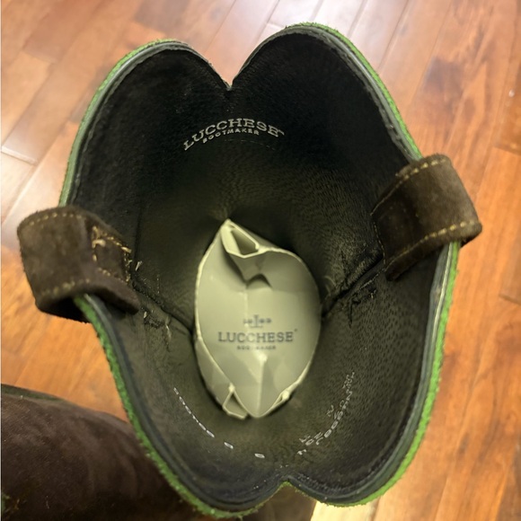 Lucchese Dark Brown Suede Edie boots with Green Stitching - Picture 6 of 11